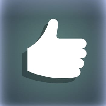 Like, Thumb up icon symbol on the blue-green abstract background with shadow and space for your text. illustration