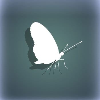 butterfly icon symbol on the blue-green abstract background with shadow and space for your text. illustration