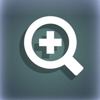Magnifier glass, Zoom tool icon symbol on the blue-green abstract background with shadow and space for your text. illustration
