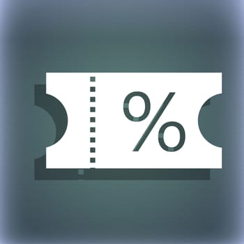 ticket discount icon sign. On the blue-green abstract background with shadow and space for your text. illustration