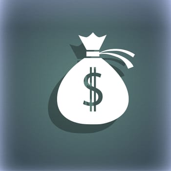 Money bag icon sign. On the blue-green abstract background with shadow and space for your text. illustration