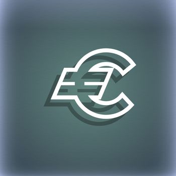 Euro EUR icon symbol on the blue-green abstract background with shadow and space for your text. illustration