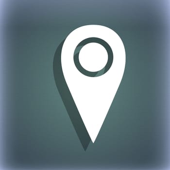 Map pointer icon sign. On the blue-green abstract background with shadow and space for your text. illustration