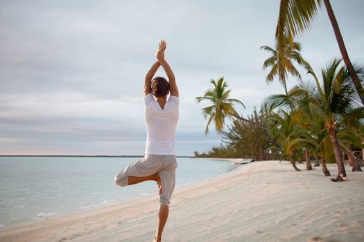 fitness, sport, people and lifestyle concept - young man making yoga exercises on beach from back