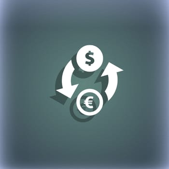 Currency exchange icon symbol on the blue-green abstract background with shadow and space for your text. illustration