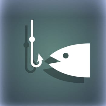 Fishing icon symbol on the blue-green abstract background with shadow and space for your text. illustration