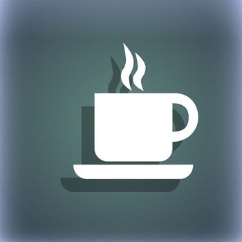 coffee icon symbol on the blue-green abstract background with shadow and space for your text. illustration