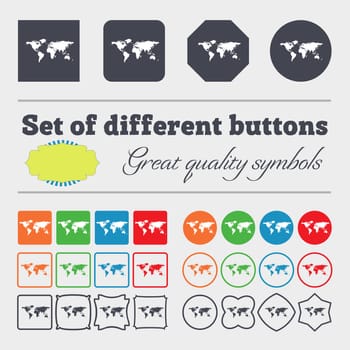 Globe sign icon. World map geography symbol. Big set of colorful, diverse, high-quality buttons. illustration