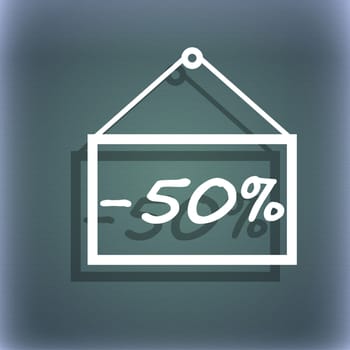 50 discount icon sign. On the blue-green abstract background with shadow and space for your text. illustration