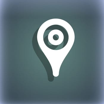 Map pointer, GPS location icon symbol on the blue-green abstract background with shadow and space for your text. illustration