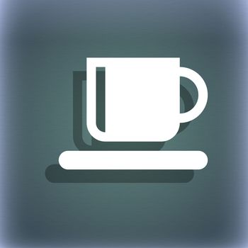 Coffee cup icon symbol on the blue-green abstract background with shadow and space for your text. illustration