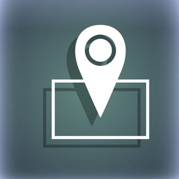 Map pointer icon sign. On the blue-green abstract background with shadow and space for your text. illustration