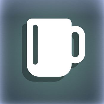 cup coffee or tea icon symbol on the blue-green abstract background with shadow and space for your text. illustration