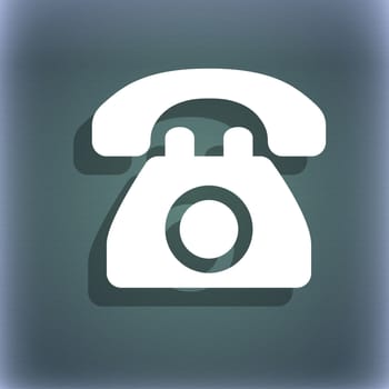 Retro telephone icon symbol on the blue-green abstract background with shadow and space for your text. illustration