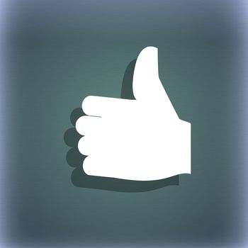 Like, Thumb up icon symbol on the blue-green abstract background with shadow and space for your text. illustration