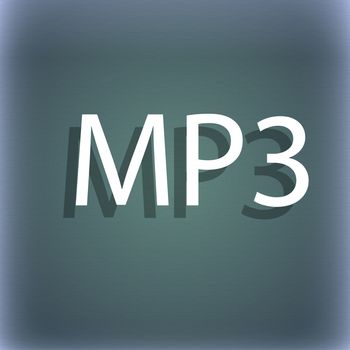 Mp3 music format sign icon. Musical symbol. On the blue-green abstract background with shadow and space for your text. illustration