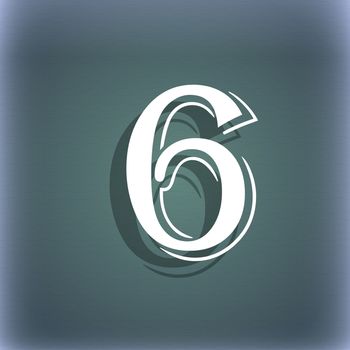 number six icon sign. On the blue-green abstract background with shadow and space for your text. illustration