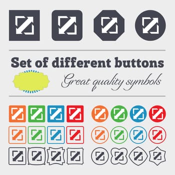 Deploying video, screen size icon sign. Big set of colorful, diverse, high-quality buttons. illustration