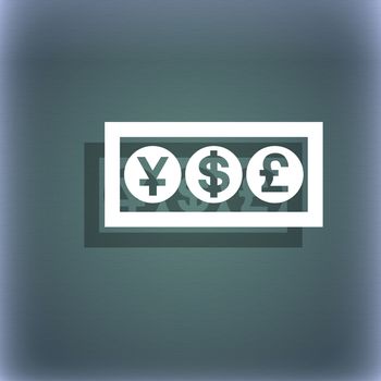 Cash currency icon symbol on the blue-green abstract background with shadow and space for your text. illustration