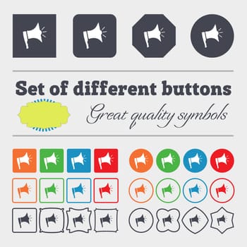 Megaphone soon icon. Loudspeaker symbol. Big set of colorful, diverse, high-quality buttons. illustration