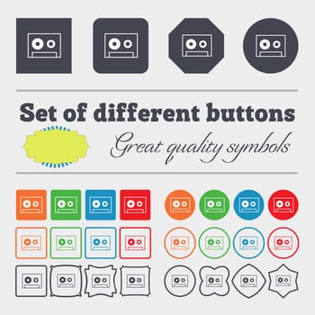 cassette sign icon. Audiocassette symbol. Big set of colorful, diverse, high-quality buttons. illustration