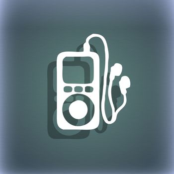 MP3 player, headphones, music icon symbol on the blue-green abstract background with shadow and space for your text. illustration