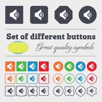 Mute speaker sign icon. Sound symbol.. Big set of colorful, diverse, high-quality buttons. illustration