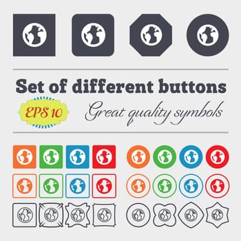 Globe, World map geography icon sign. Big set of colorful, diverse, high-quality buttons. illustration