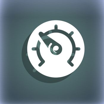 speed, speedometer icon symbol on the blue-green abstract background with shadow and space for your text. illustration