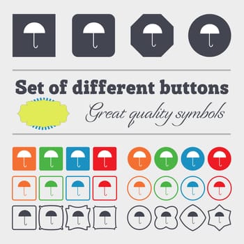 Umbrella sign icon. Rain protection symbol. Big set of colorful, diverse, high-quality buttons. illustration