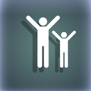 happy family icon symbol on the blue-green abstract background with shadow and space for your text. illustration