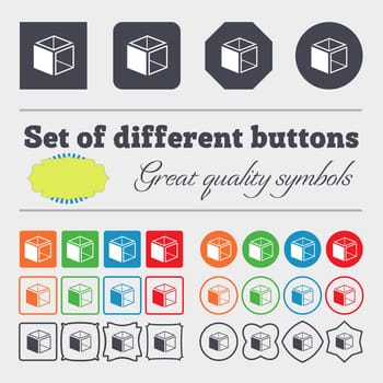 3d cube icon sign. Big set of colorful, diverse, high-quality buttons. illustration
