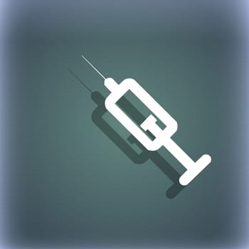 syringe icon symbol on the blue-green abstract background with shadow and space for your text. illustration
