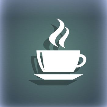 tea, coffee icon symbol on the blue-green abstract background with shadow and space for your text. illustration