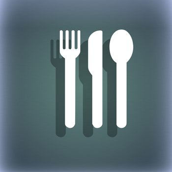 fork, knife, spoon icon symbol on the blue-green abstract background with shadow and space for your text. illustration