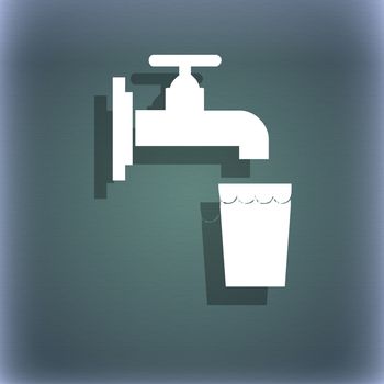 faucet, glass, water icon symbol on the blue-green abstract background with shadow and space for your text. illustration