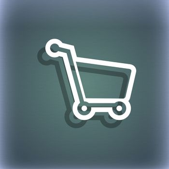 Shopping cart icon symbol on the blue-green abstract background with shadow and space for your text. illustration