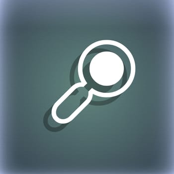 magnifying glass, zoom icon symbol on the blue-green abstract background with shadow and space for your text. illustration