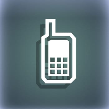 Mobile phone icon symbol on the blue-green abstract background with shadow and space for your text. illustration