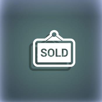 Sold icon symbol on the blue-green abstract background with shadow and space for your text. illustration