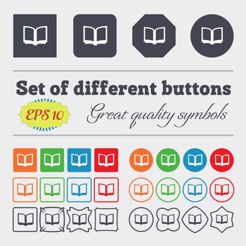 Open book icon sign Big set of colorful, diverse, high-quality buttons. illustration