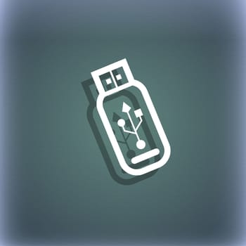 Usb flash drive icon symbol on the blue-green abstract background with shadow and space for your text. illustration