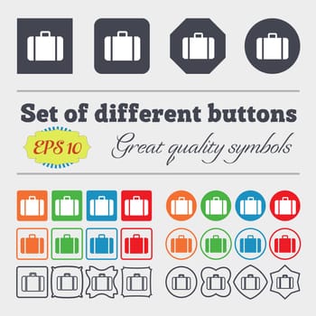 suitcase icon sign. Big set of colorful, diverse, high-quality buttons. illustration