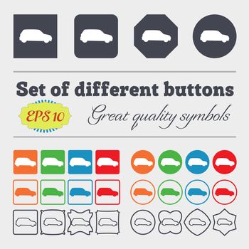 Jeep icon sign. Big set of colorful, diverse, high-quality buttons. illustration