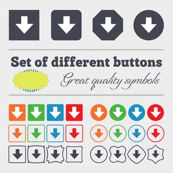 Download sign. Downloading flat icon. Load label. Big set of colorful, diverse, high-quality buttons. illustration