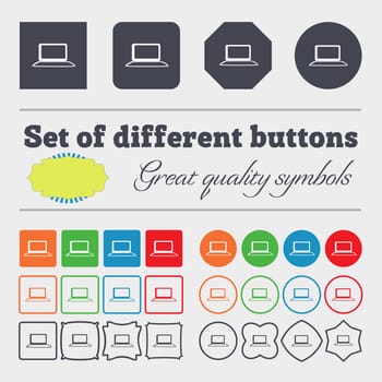 Laptop sign icon. Notebook pc with graph symbol. Monitoring. Big set of colorful, diverse, high-quality buttons. illustration