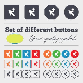 Cursor, arrow plus, add icon sign. Big set of colorful, diverse, high-quality buttons. illustration