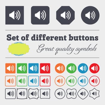 Speaker volume sign icon. Sound symbol. Big set of colorful, diverse, high-quality buttons. illustration