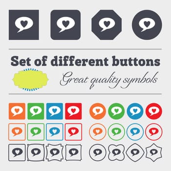 Heart sign icon. Love symbol. Big set of colorful, diverse, high-quality buttons. illustration