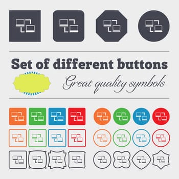 Synchronization sign icon. Notebooks sync symbol. Data exchange. Big set of colorful, diverse, high-quality buttons. illustration